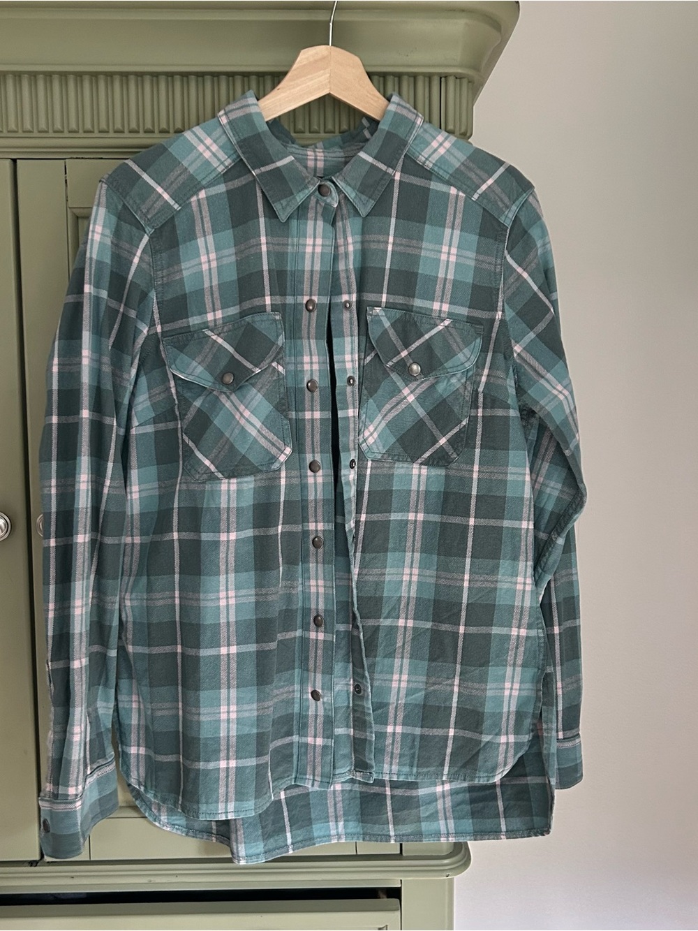 Eddie Bauer Teal and Pink Plaid Flannel Shirt
